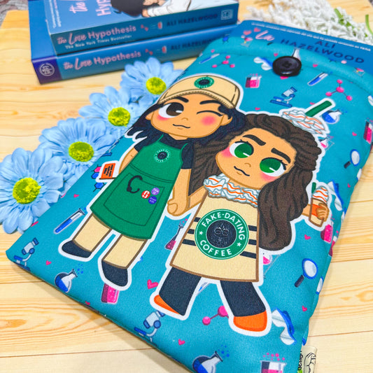A padded book sleeve with vibrant designs inspired by Ali Hazelwood's novels, featuring romantic and STEM-themed illustrations of chibi-style characters. fanart
