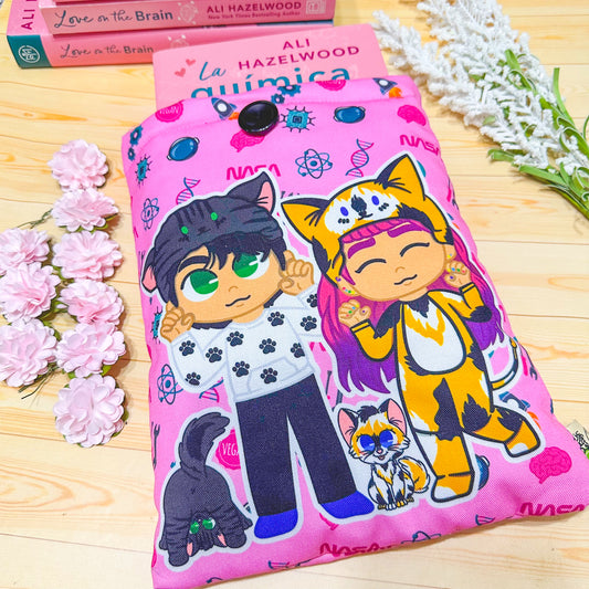 A padded book sleeve with vibrant designs inspired by Ali Hazelwood's novels, featuring romantic and STEM-themed illustrations of chibi-style characters.