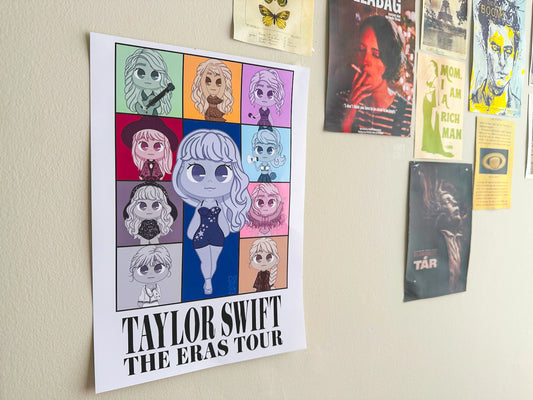 A print showcasing designs inspired by Taylor Swift’s eras, with elements from her albums and iconic looks. chibi fanart