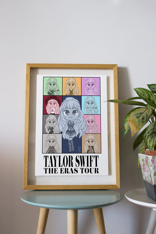 A vibrant print featuring Taylor Swift’s Eras Tour with illustrations of on-stage performances and album themes. chibi fanart