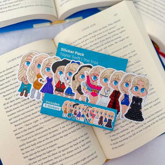 A Taylor Swift Eras sticker pack featuring album-inspired designs from Fearless, 1989, and more, showcasing her evolution. chibi fanart