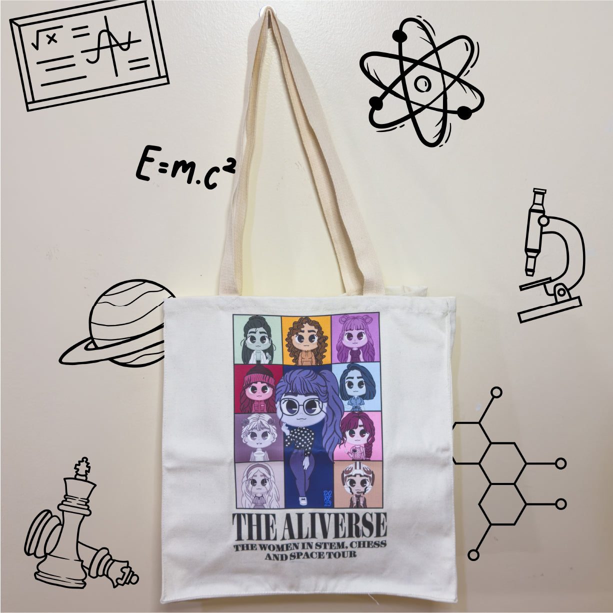 A canvas tote bag with playful chibi designs inspired by Ali Hazelwood's novels, featuring chibi-style characters and themes like science, books, and romance. fanart