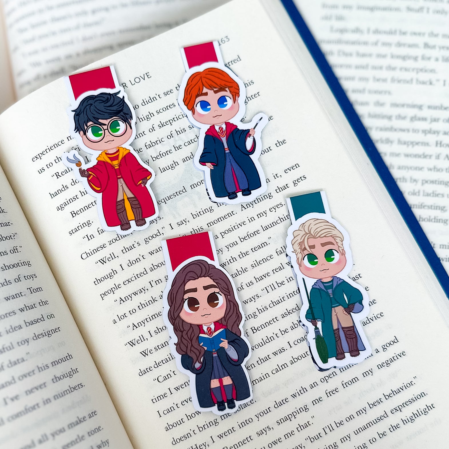 magnetic bookmarks-HP-harry potter draco malfoy hermione granger ron wesley hogwarts gryffindor slytherin chibi fanart